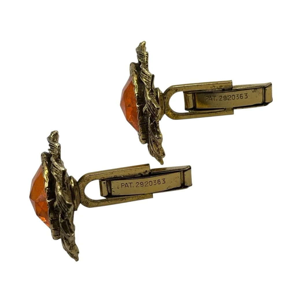 Vtg Cufflinks Harvey Avedon Orange Rhinestone Gold Tone US Pat‎ 2920363 Oval